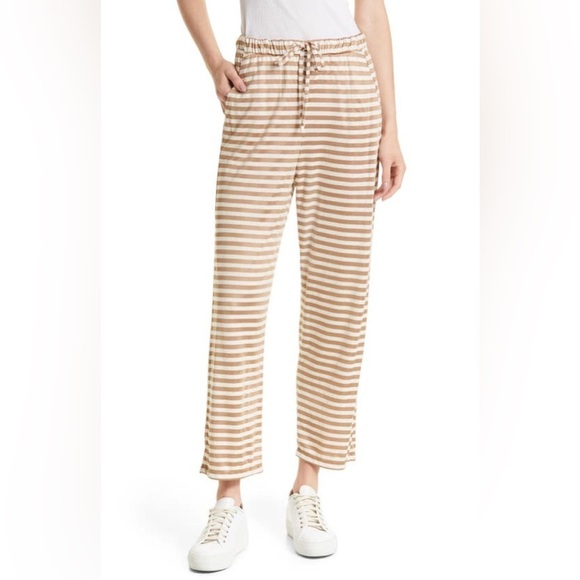 MaxMara Leisure Elvira Striped Ecru Brown Linen Stretch Jersey Straight Trousers